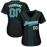 Custom Black Aqua Pinstripe Teal-White Authentic Baseball Jersey