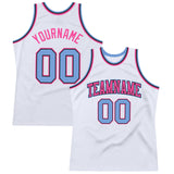 Custom White Light Blue-Pink Authentic Throwback Basketball Jersey