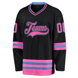 Custom Black Pink-Light Blue Hockey Jersey