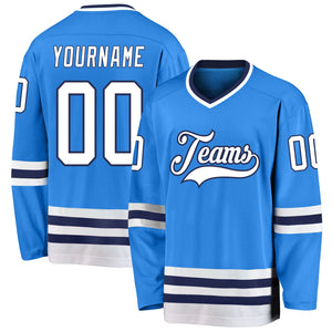 Custom Powder Blue White-Navy Hockey Jersey