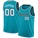 Custom Teal White-Black Round Neck Rib-Knit Basketball Jersey